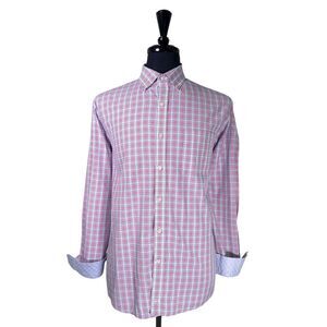 Johnston & Murphy Mens XL Plaid Shirt Pink Blue White Cotton Button Up Flip Cuff